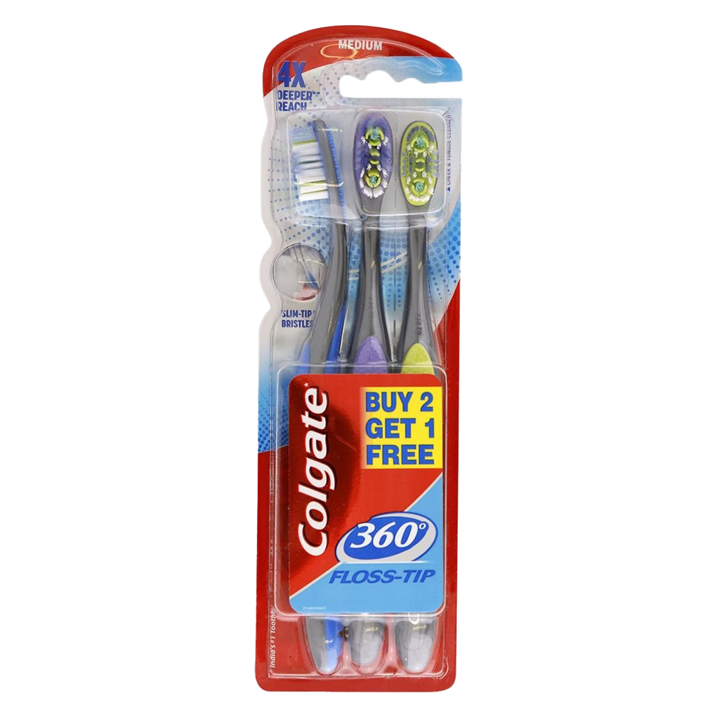 Colgate Medium 360 Floss Tip Toothbrush - 3 Pcs