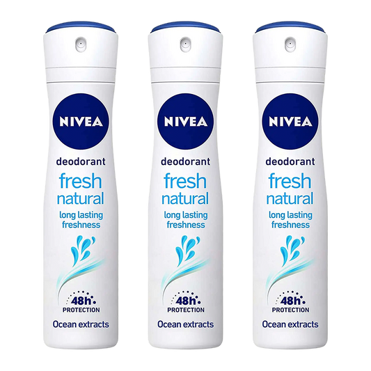 Three bottles of Nivea fresh natural deodorant on a white background